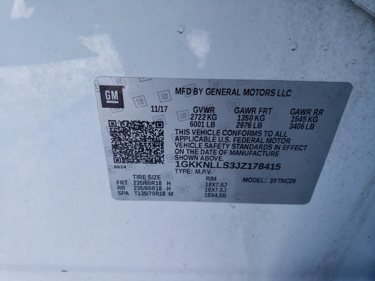 2018 GMC Acadia Sle VIN: 1GKKNLLS3JZ178415 Lot: 88702805