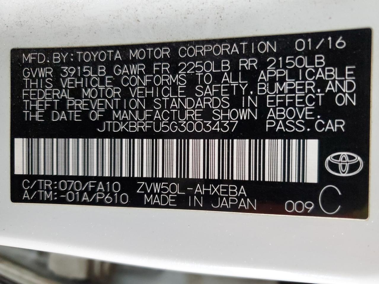 VIN JTDKBRFU5G3003437 2016 TOYOTA PRIUS no.12