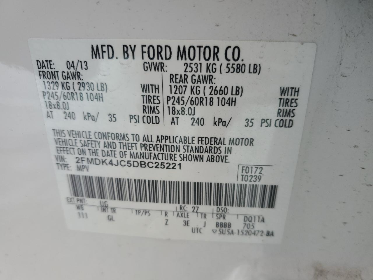 VIN 2FMDK4JC5DBC25221 2013 FORD EDGE no.13