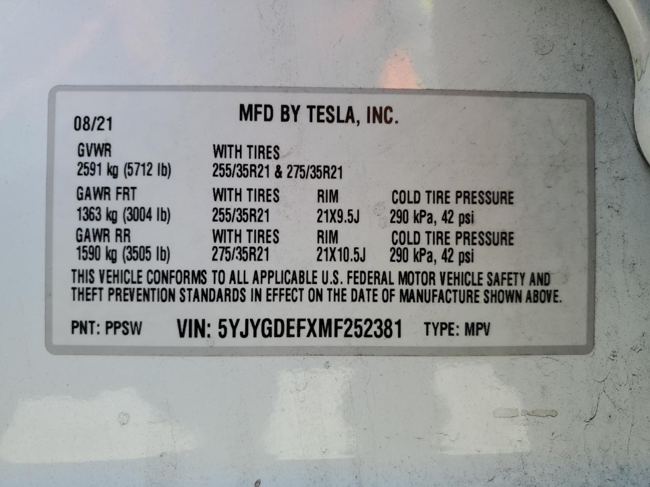 2021 Tesla Model Y VIN: 5YJYGDEFXMF252381 Lot: 42218855