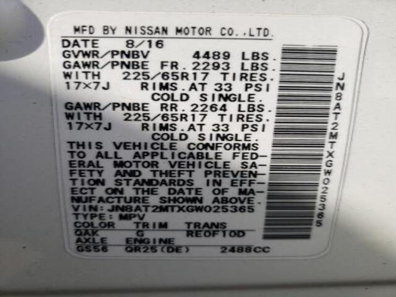 VIN JN8AT2MTXGW025365 2016 NISSAN ROGUE no.14