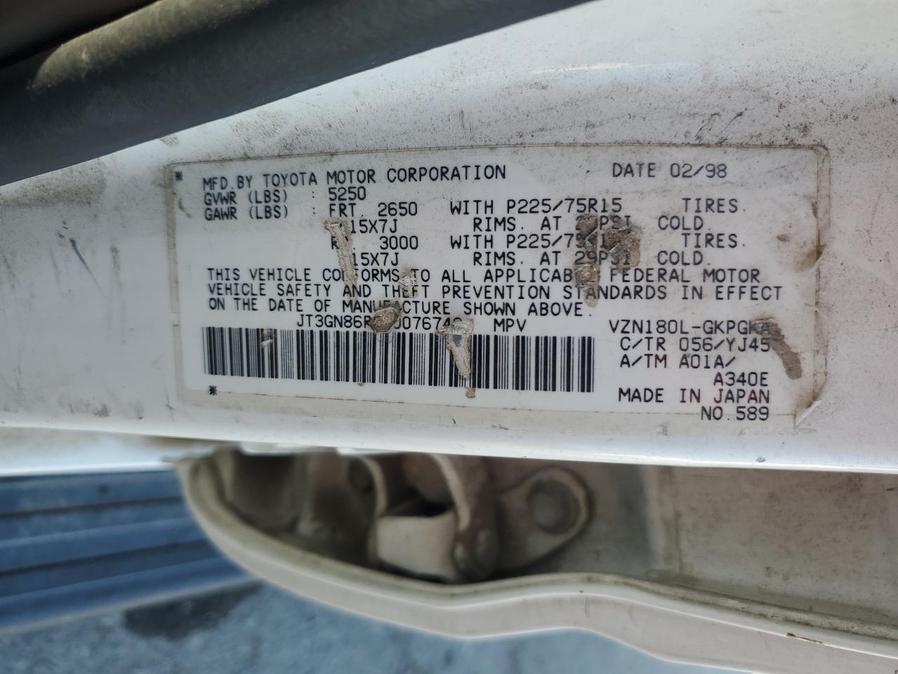 1998 Toyota 4Runner Sr5 VIN: JT3GN86R2W0076742 Lot: 86023794