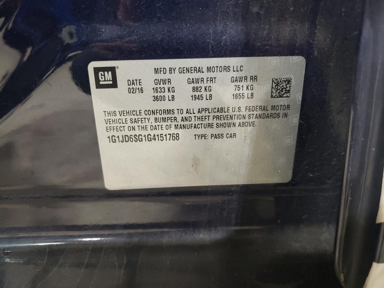 2016 Chevrolet Sonic Lt VIN: 1G1JD6SG1G4151768 Lot: 87191074