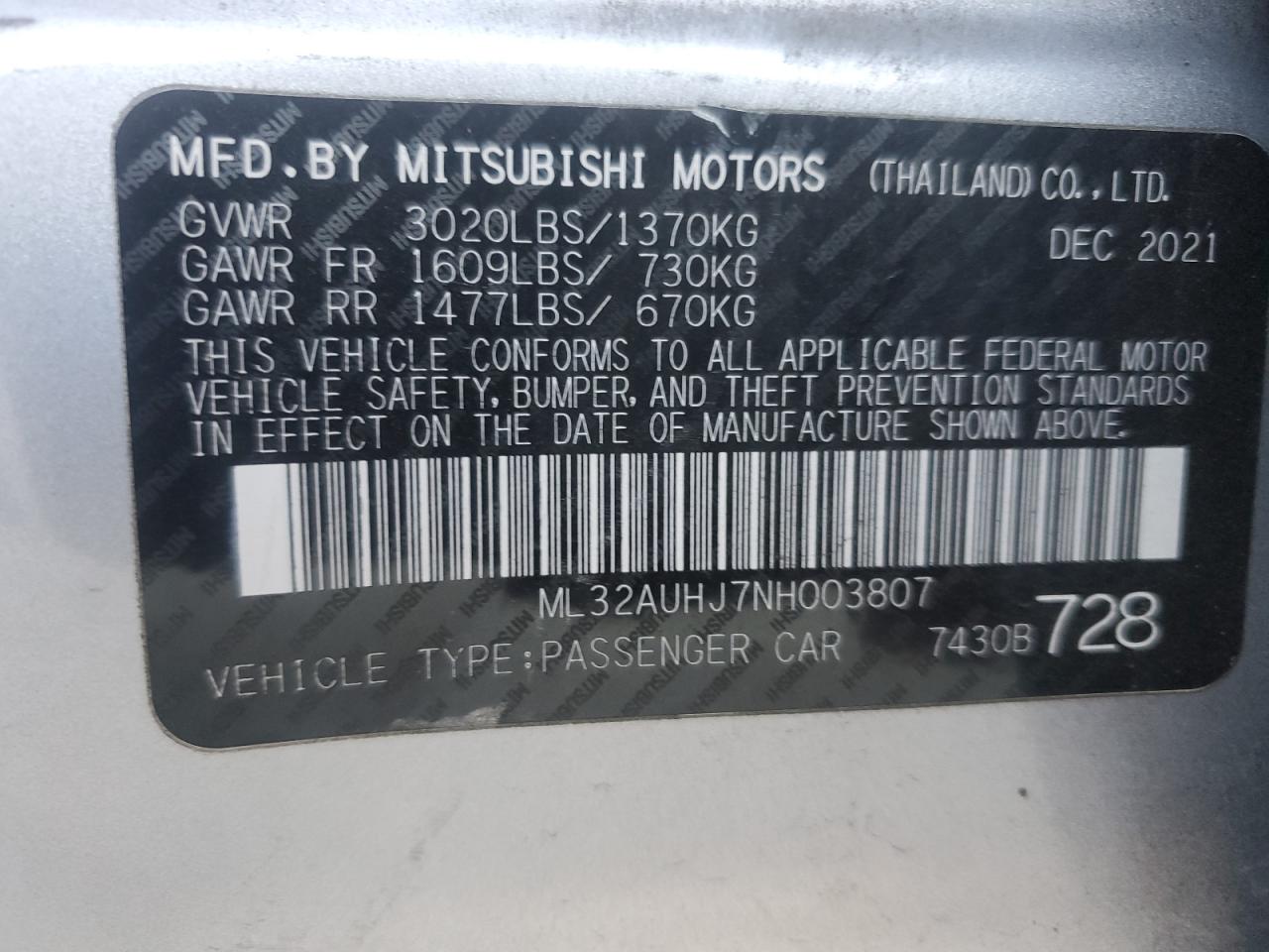 VIN ML32AUHJ7NH003807 2022 MITSUBISHI MIRAGE no.12