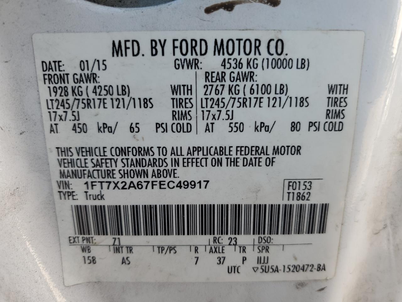 VIN 1FT7X2A67FEC49917 2015 FORD F250 no.12