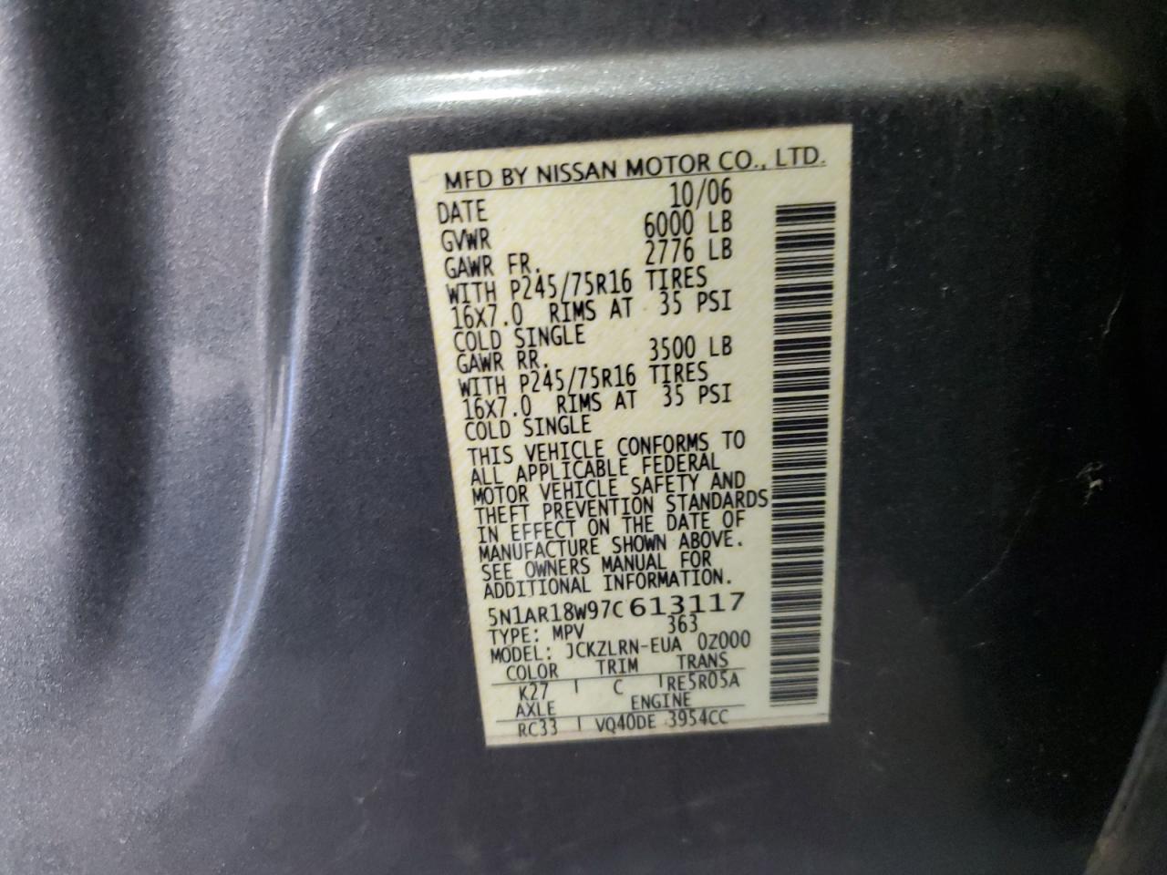 2007 Nissan Pathfinder Le VIN: 5N1AR18W97C613117 Lot: 87769765