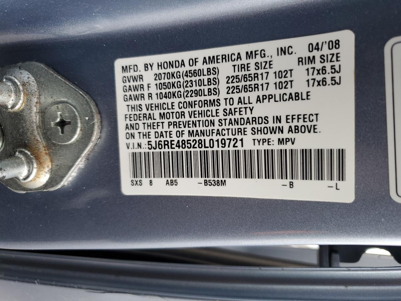 2008 Honda Cr-V Ex VIN: 5J6RE48528L019721 Lot: 41999695