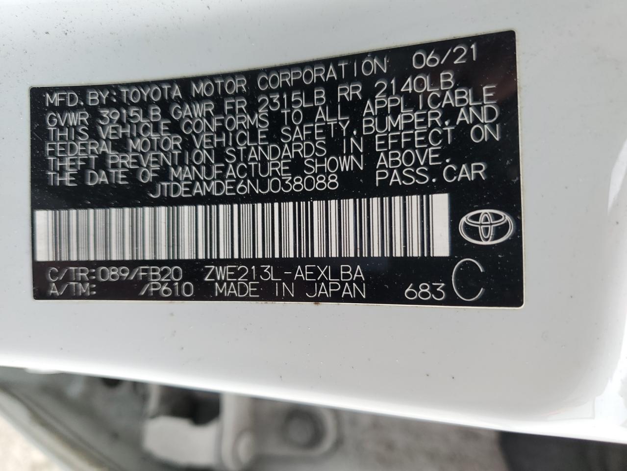 JTDEAMDE6NJ038088 TOYOTA COROLLA 2022