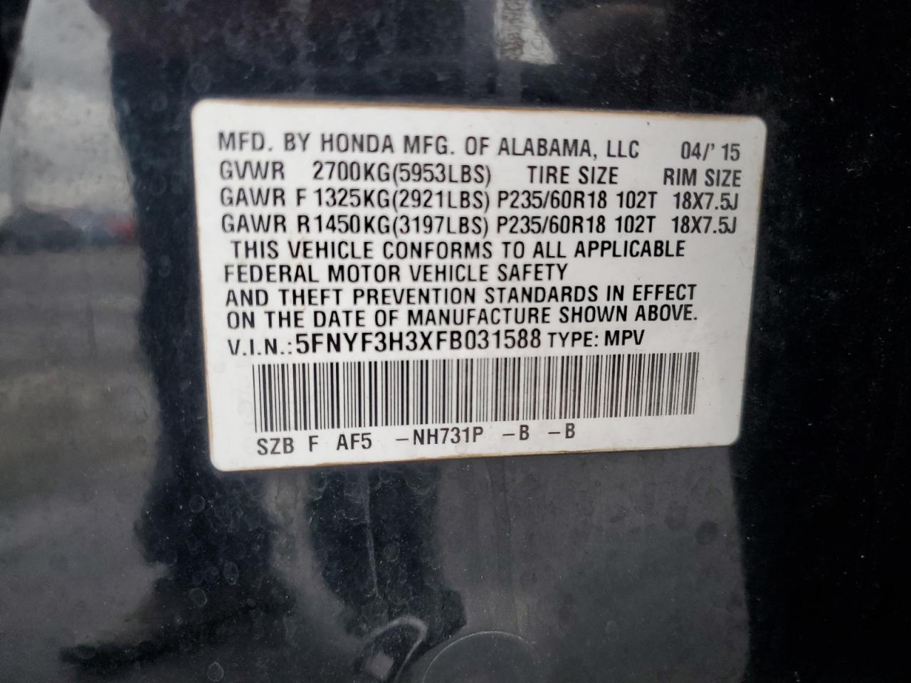 VIN 5FNYF3H3XFB031588 2015 HONDA PILOT no.14