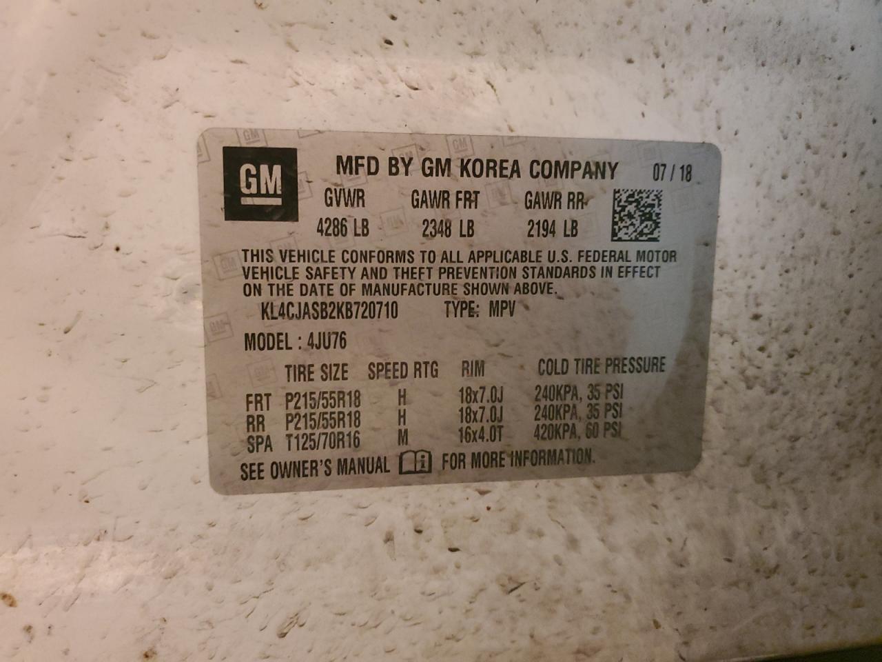 2019 Buick Encore Preferred VIN: KL4CJASB2KB720710 Lot: 41419515