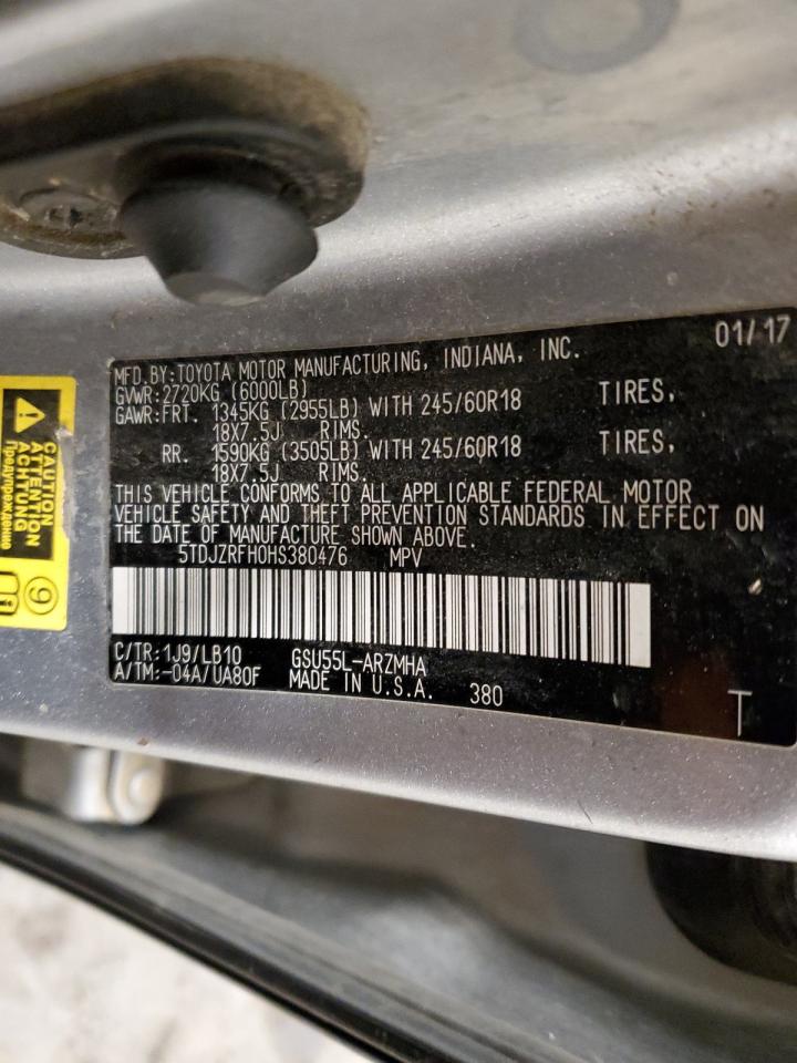 5TDJZRFH0HS380476 TOYOTA HIGHLANDER 2017