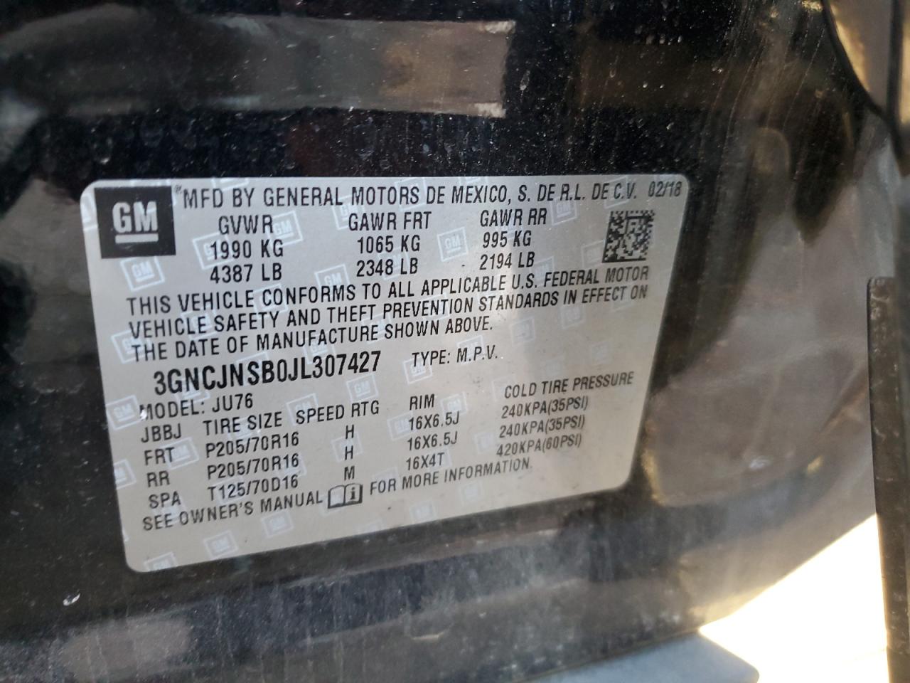 2018 Chevrolet Trax Ls VIN: 3GNCJNSB0JL307427 Lot: 88720955