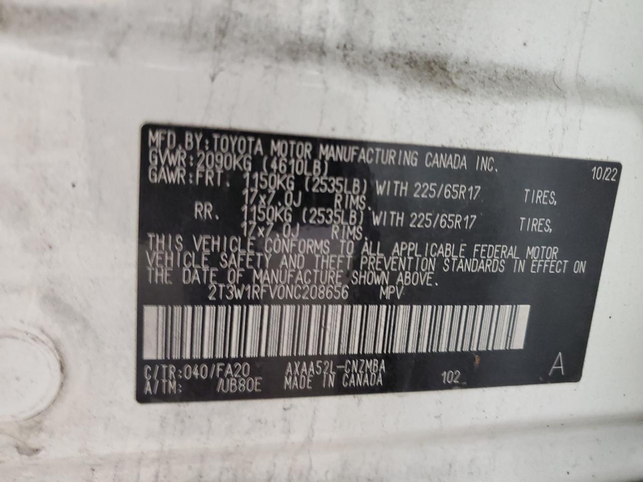 2T3W1RFV0NC208656 TOYOTA RAV4 2022