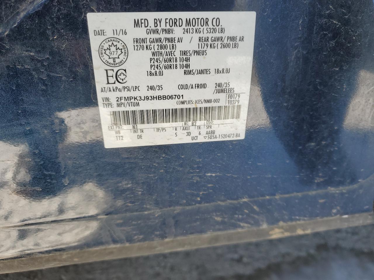 2FMPK3J93HBB06701 FORD EDGE 2017