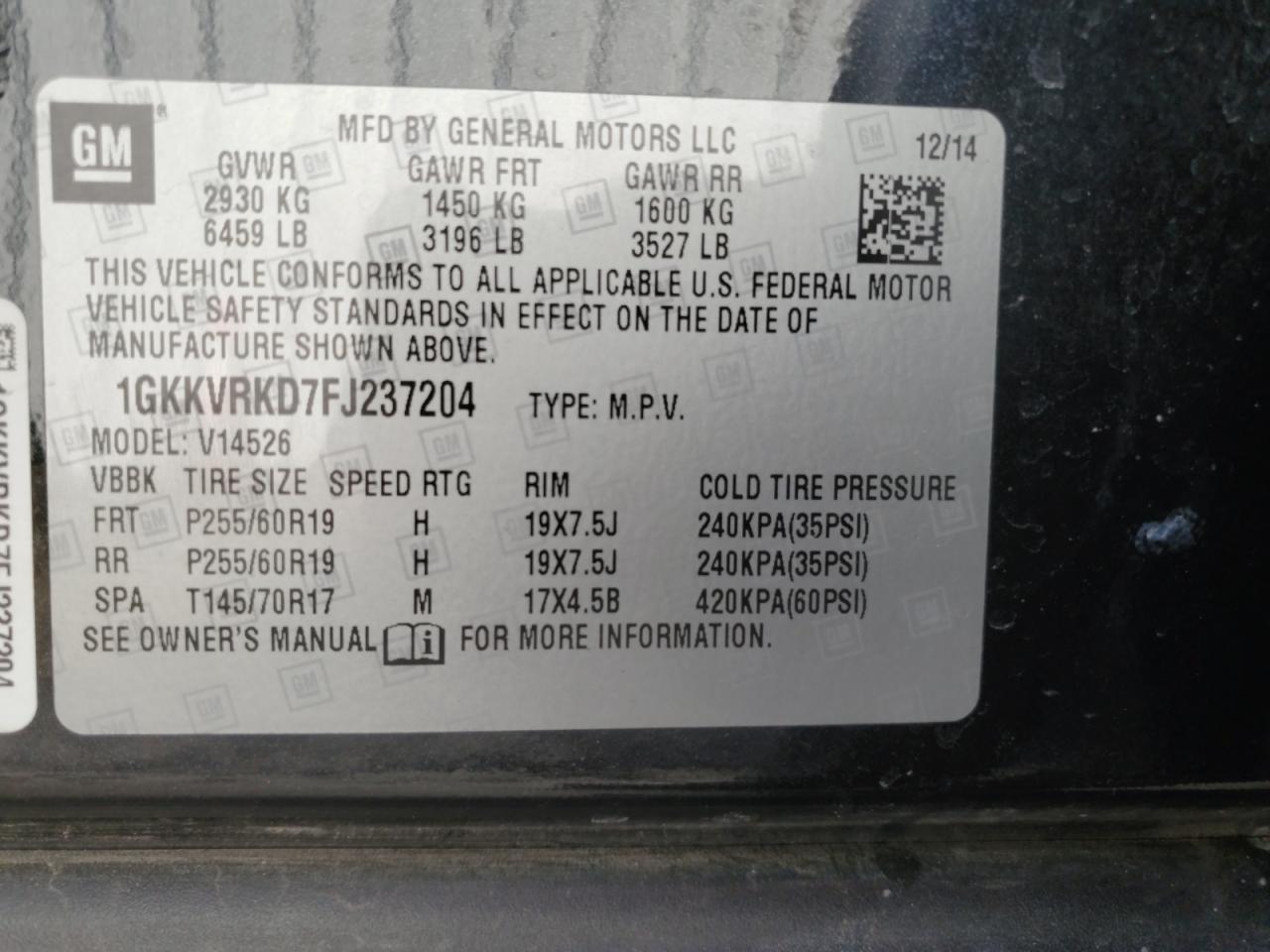 2015 GMC Acadia Slt-1 VIN: 1GKKVRKD7FJ237204 Lot: 42636895