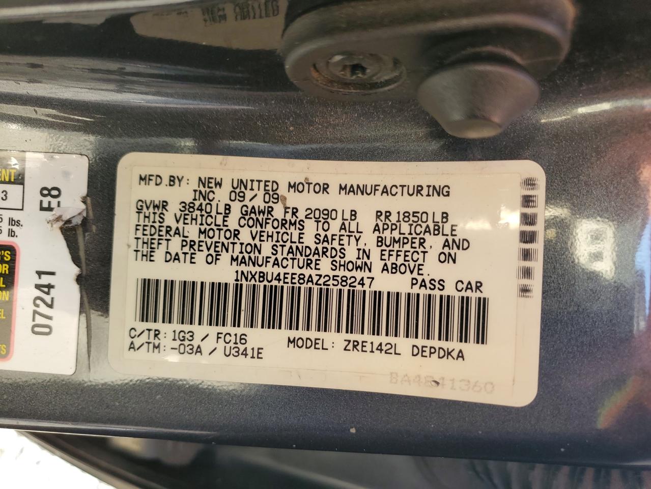 2010 Toyota Corolla Base VIN: 1NXBU4EE8AZ258247 Lot: 88976435