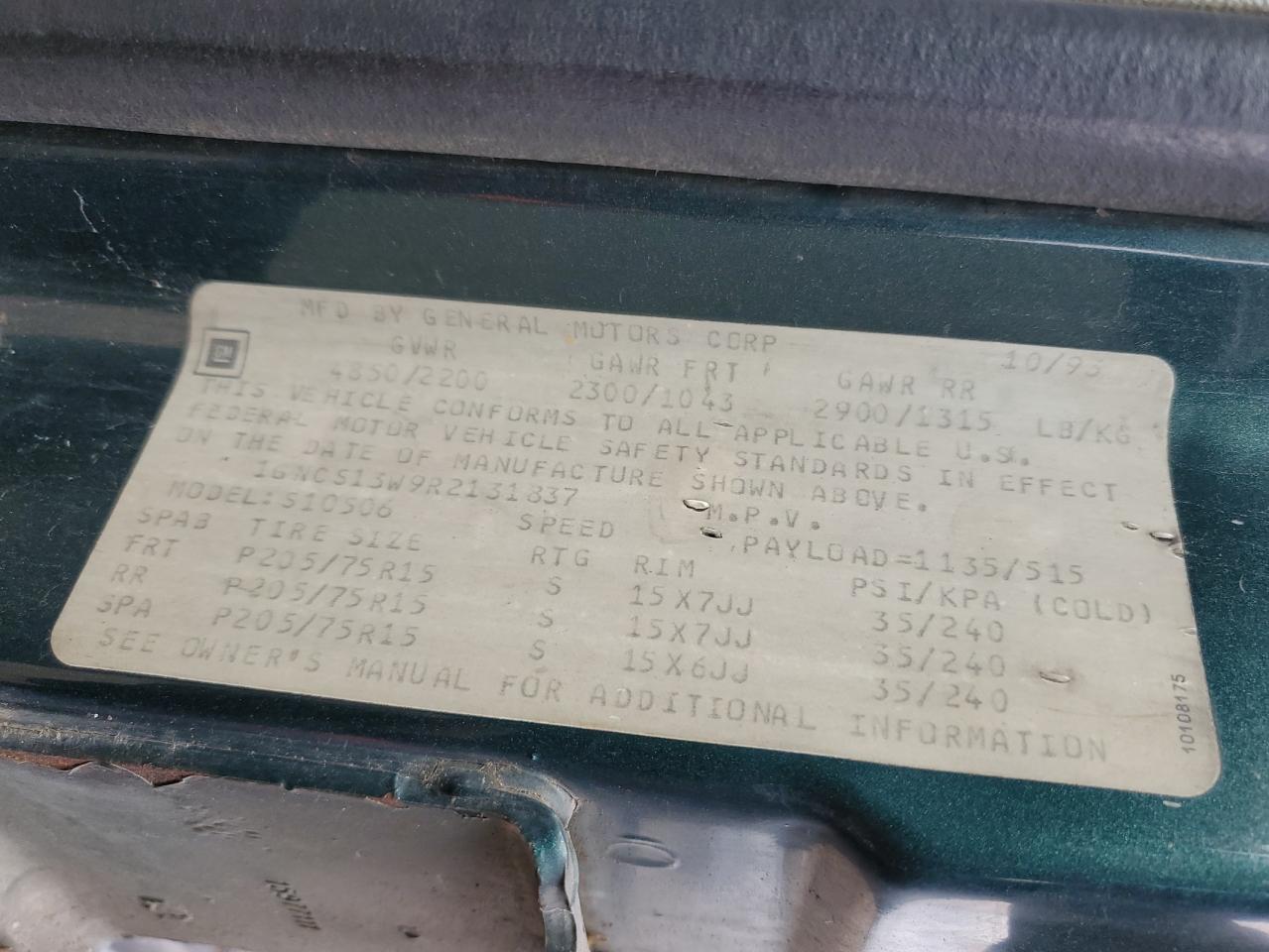 1994 Chevrolet Blazer S10 VIN: 1GNCS13W9R2131837 Lot: 87335764