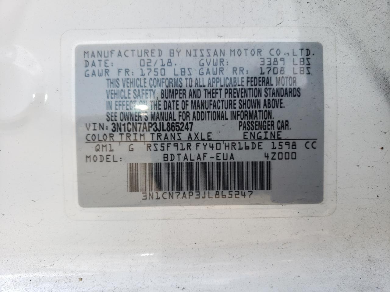 VIN 3N1CN7AP3JL865247 2018 NISSAN VERSA no.12