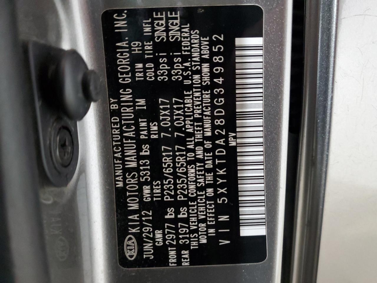 2013 Kia Sorento Lx VIN: 5XYKTDA28DG349852 Lot: 89143445