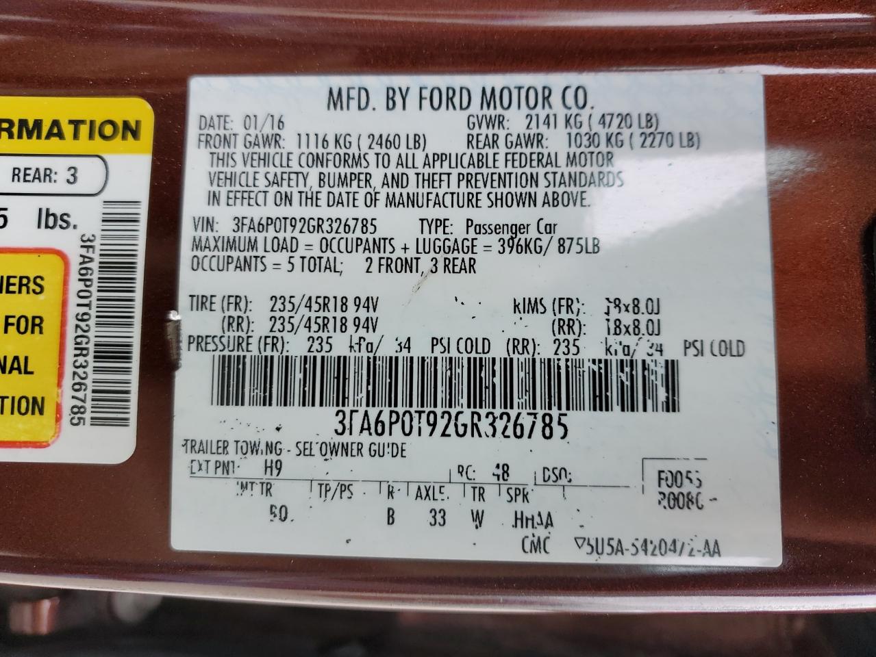 3FA6P0T92GR326785 FORD FUSION 2016