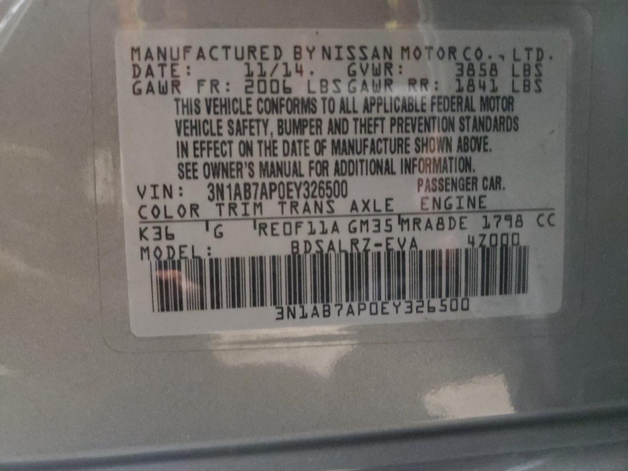 VIN 3N1AB7AP0EY326500 2014 NISSAN SENTRA no.12