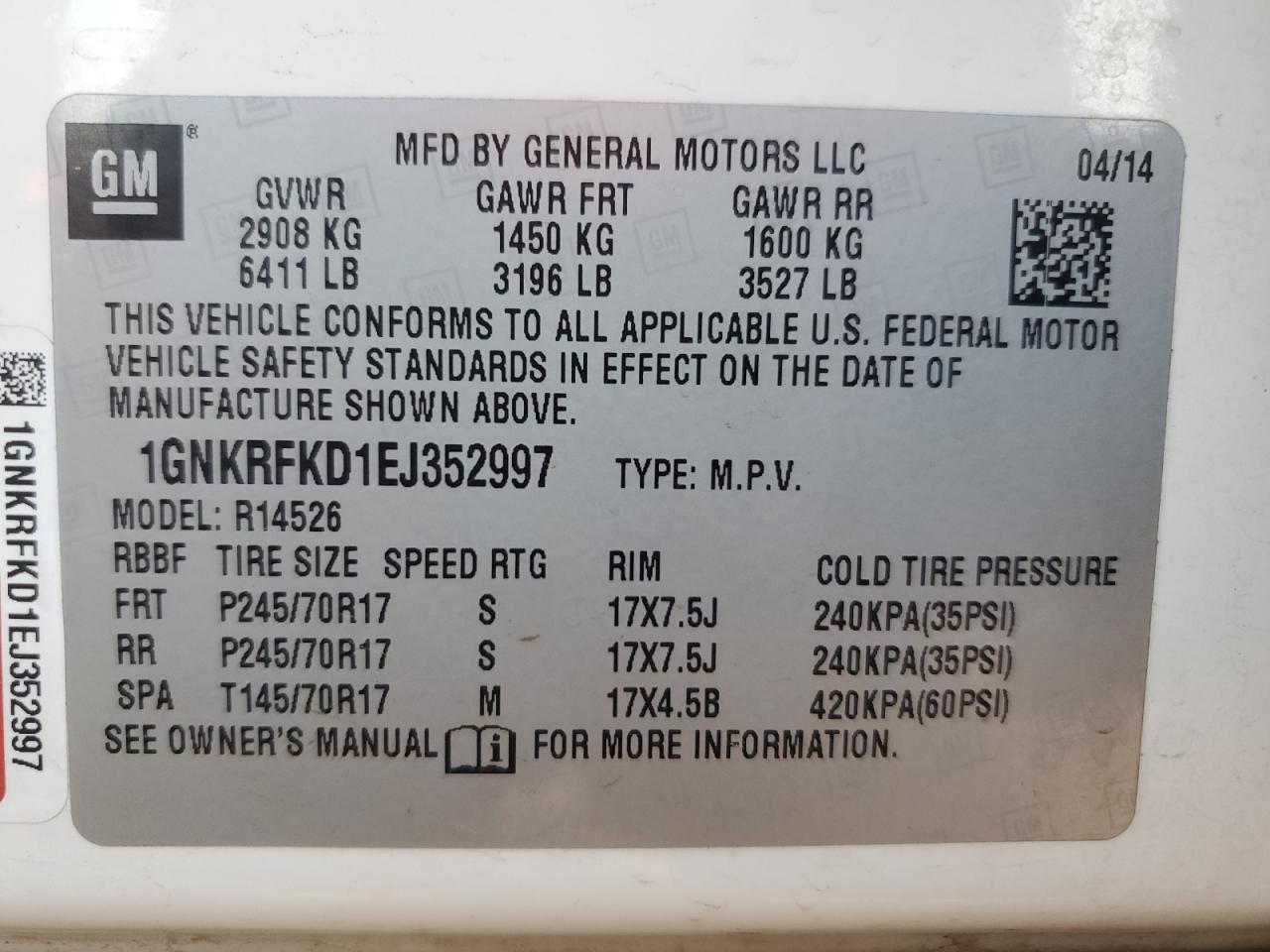 VIN 1GNKRFKD1EJ352997 2014 CHEVROLET TRAVERSE no.14