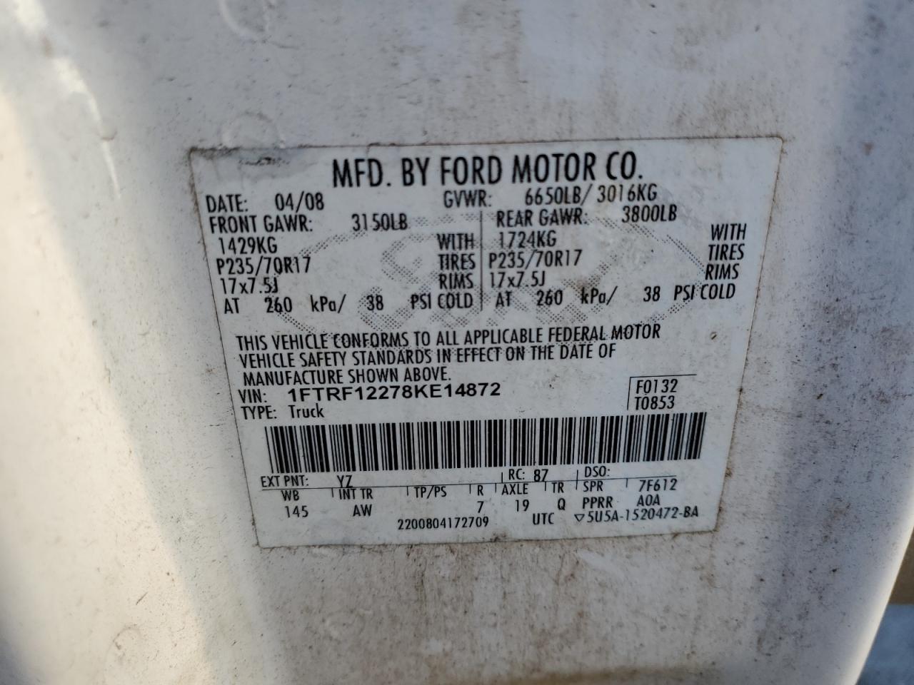 2008 Ford F150 VIN: 1FTRF12278KE14872 Lot: 88339365