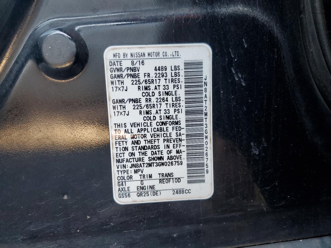 JN8AT2MT3GW026759 NISSAN ROGUE 2016