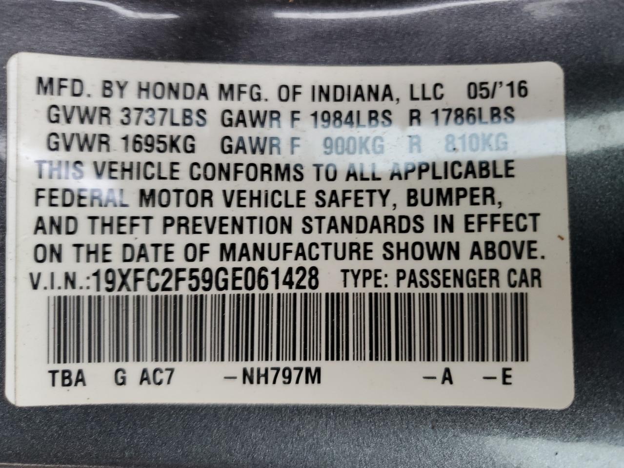 19XFC2F59GE061428 HONDA CIVIC 2016