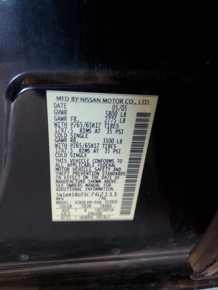 2005 Nissan Pathfinder Le VIN: 5N1AR18U25C762111 Lot: 88447845
