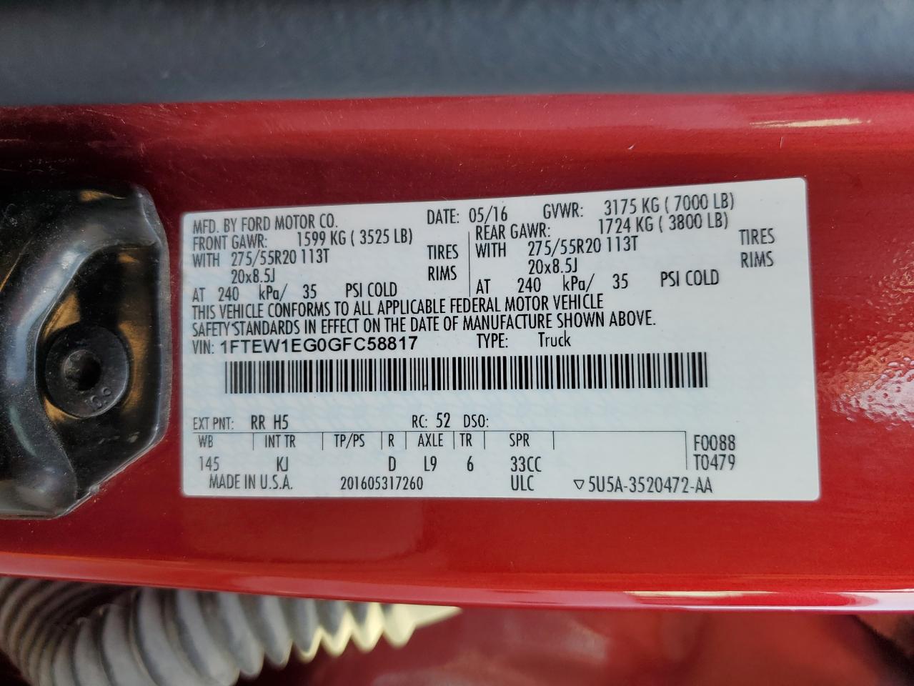 2016 Ford F150 Supercrew VIN: 1FTEW1EG0GFC58817 Lot: 88605475