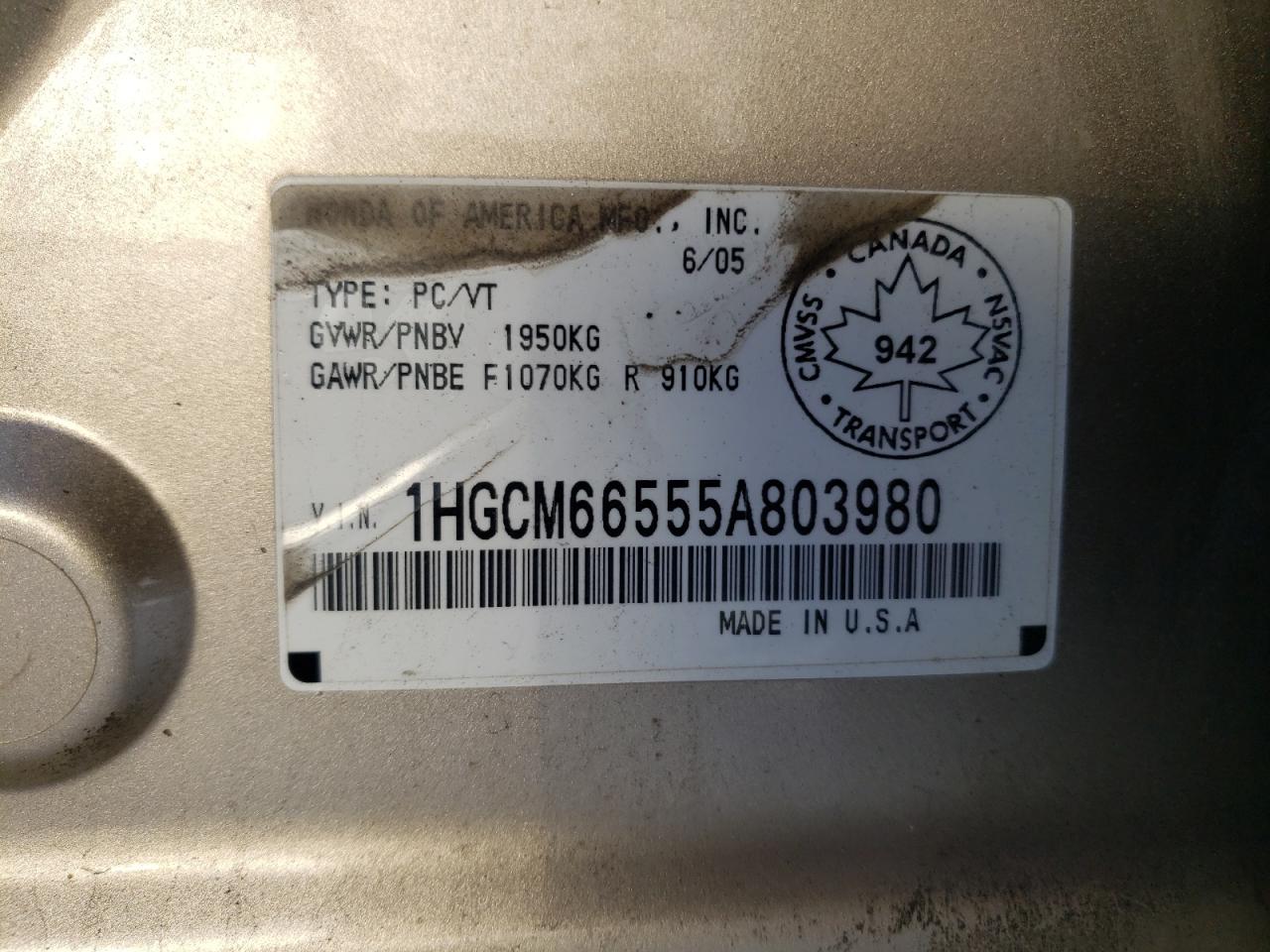 2005 Honda Accord Ex VIN: 1HGCM66555A803980 Lot: 89141955