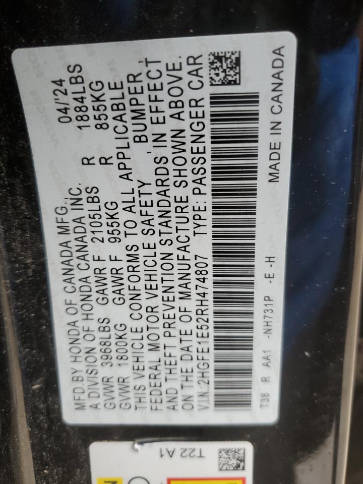 2HGFE1E52RH474807 HONDA CIVIC 2024
