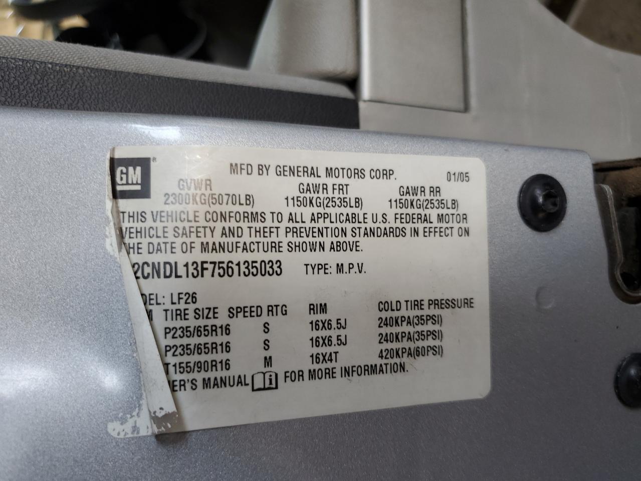 2005 Chevrolet Equinox Ls VIN: 2CNDL13F756135033 Lot: 43482705