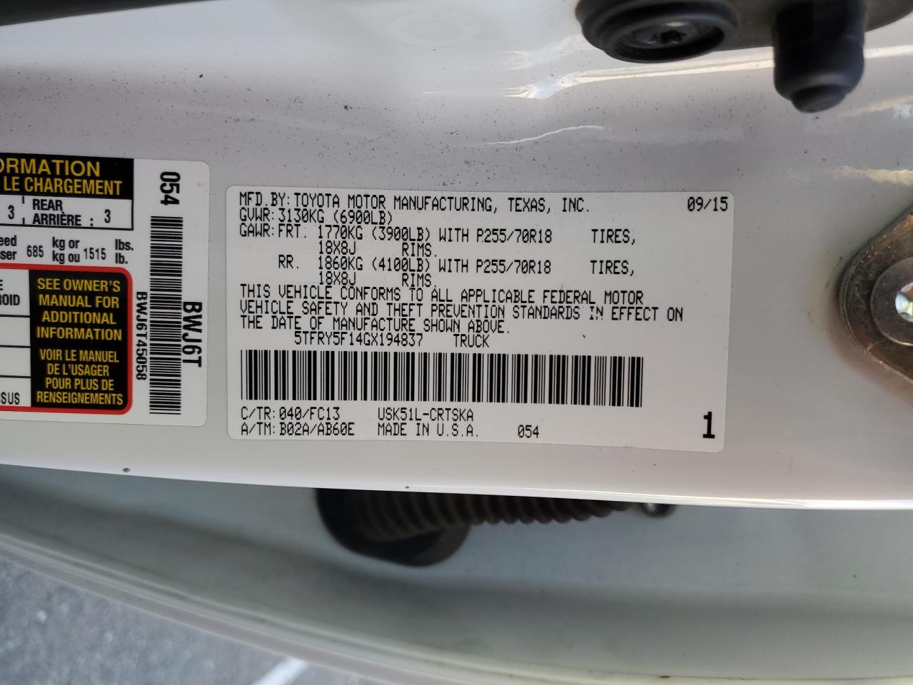 5TFRY5F14GX194837 TOYOTA TUNDRA 2016