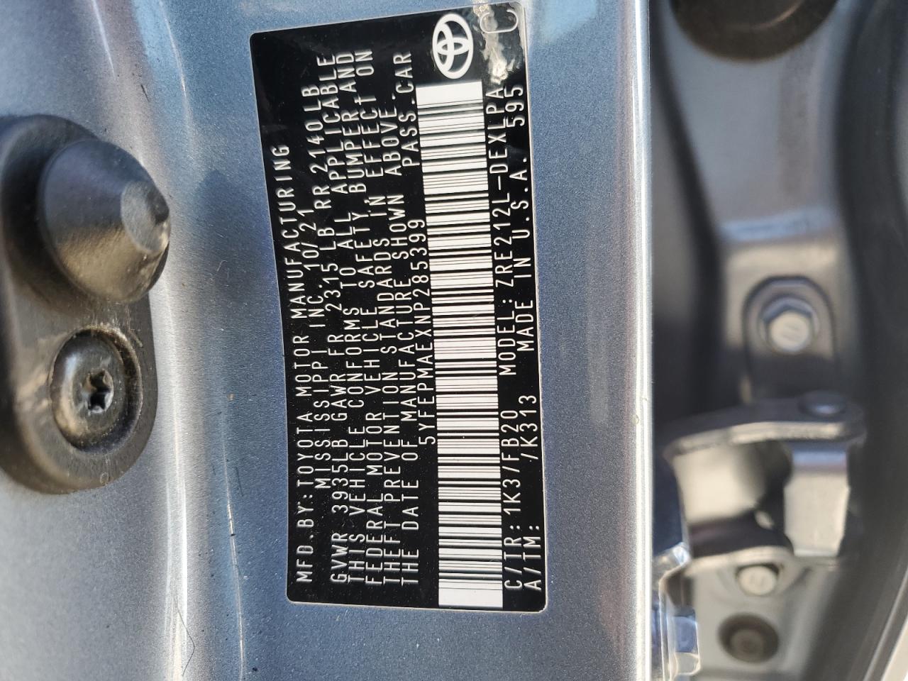 5YFEPMAEXNP285399 TOYOTA COROLLA 2022
