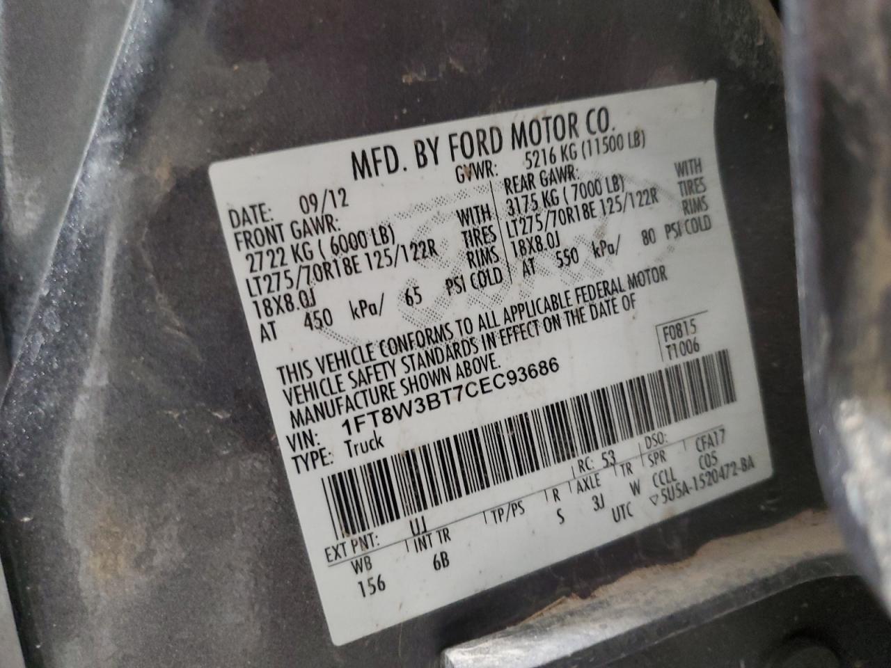 2012 Ford F350 Super Duty VIN: 1FT8W3BT7CEC93686 Lot: 88007855