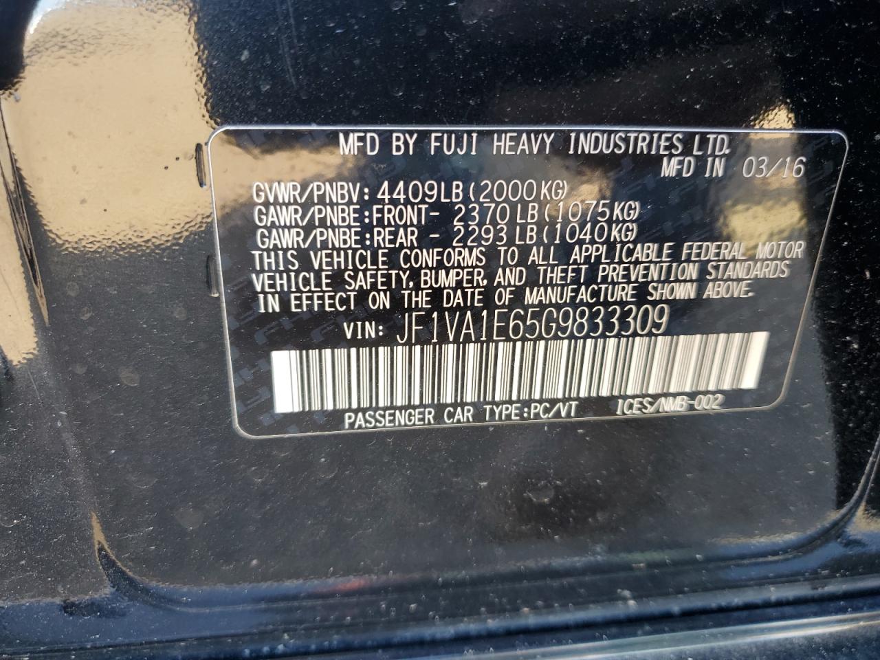 2016 Subaru Wrx Premium VIN: JF1VA1E65G9833309 Lot: 43392575