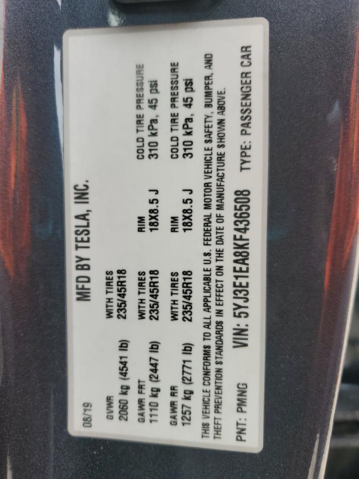 2019 Tesla Model 3 VIN: 5YJ3E1EA8KF436508 Lot: 88401745