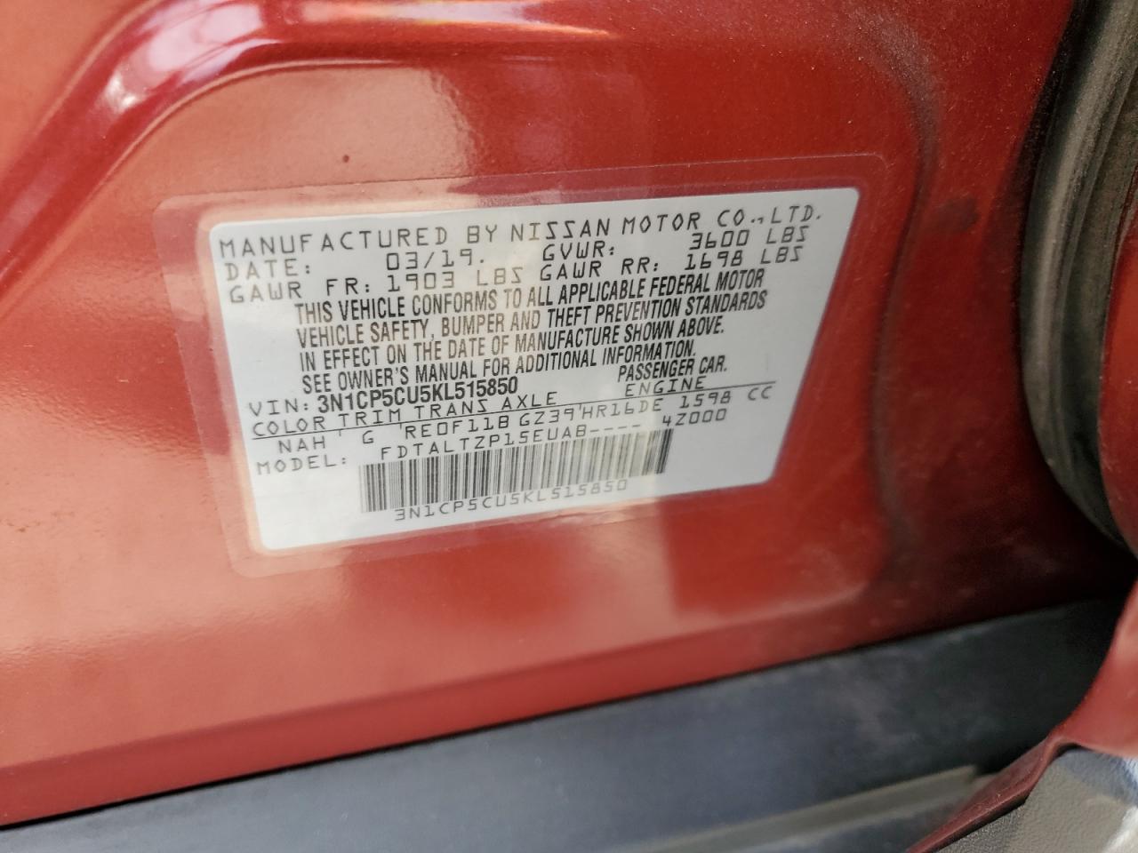 2019 Nissan Kicks S VIN: 3N1CP5CU5KL515850 Lot: 87462604