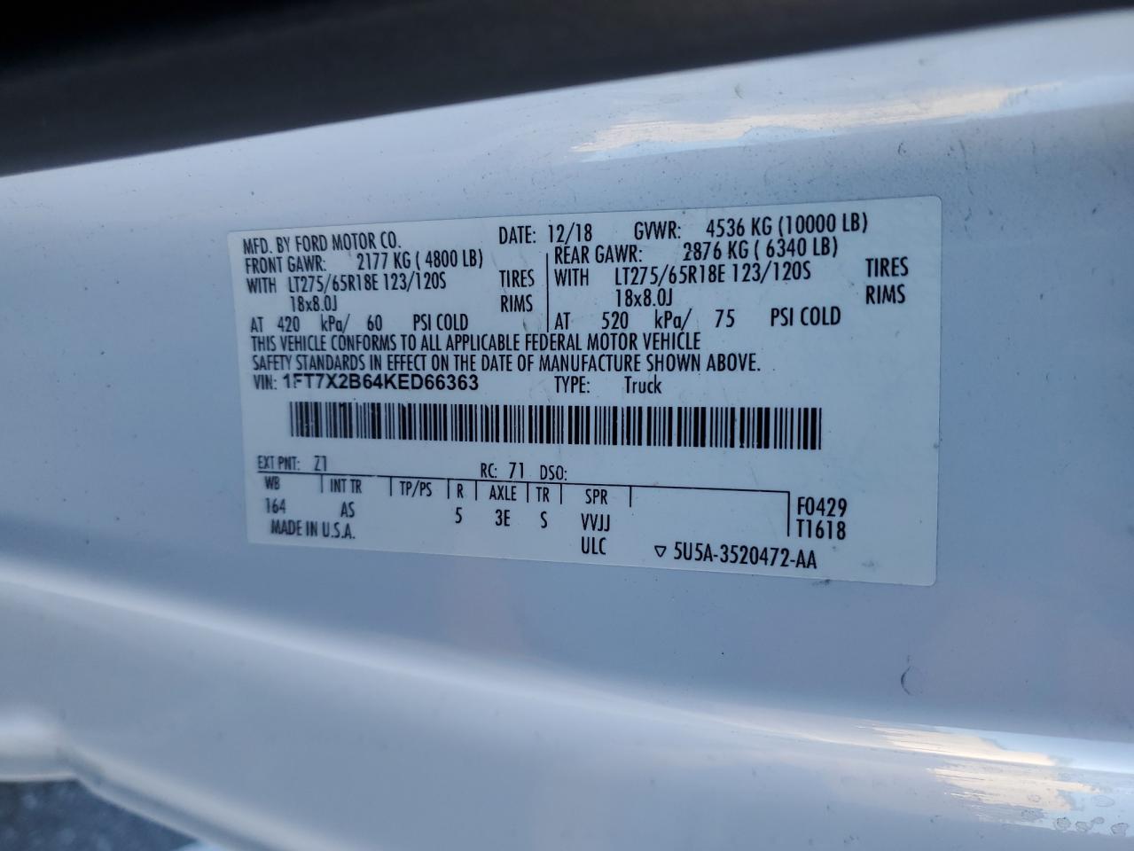 2019 Ford F250 Super Duty VIN: 1FT7X2B64KED66363 Lot: 88000585