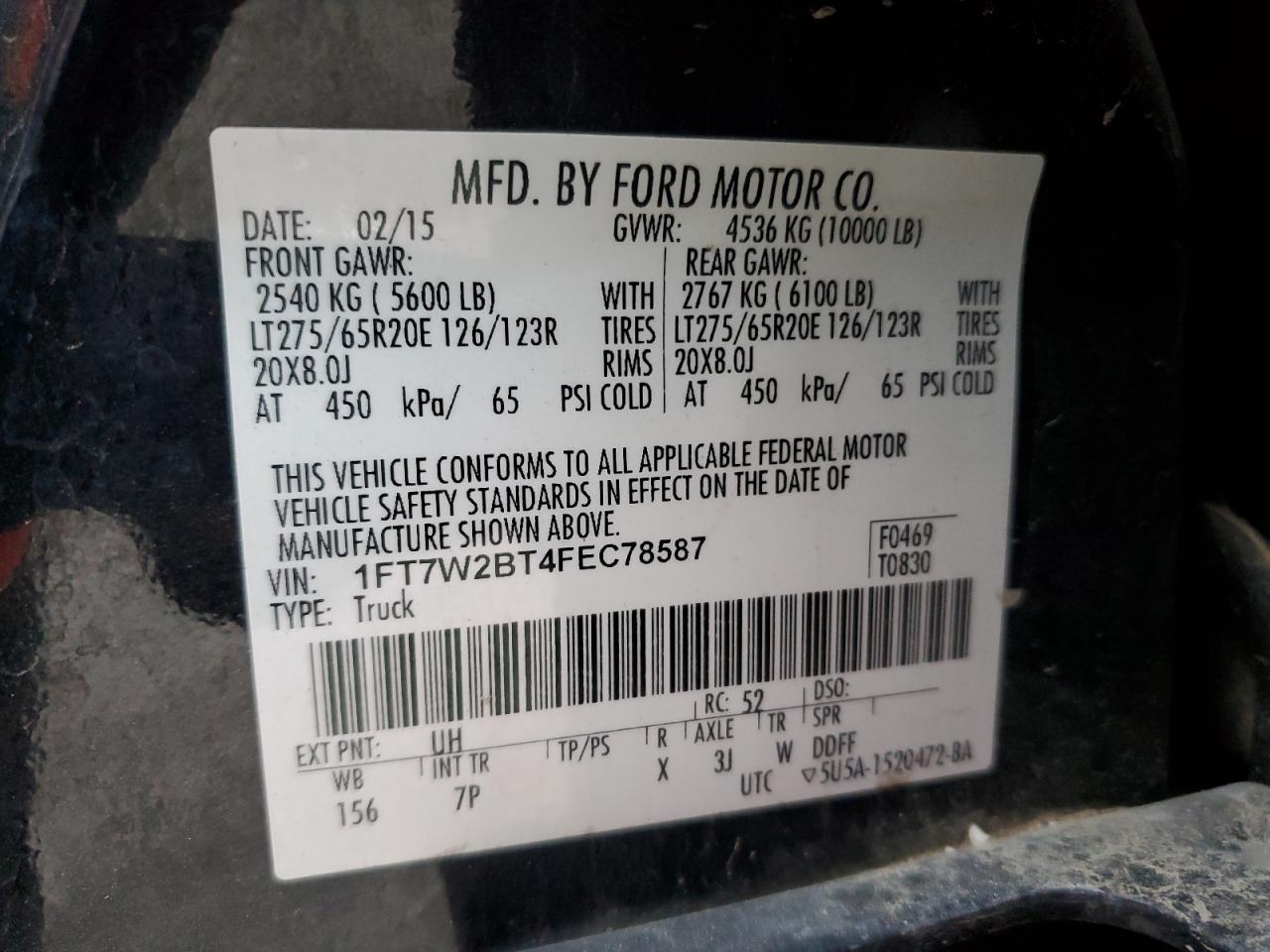 2015 Ford F250 Super Duty VIN: 1FT7W2BT4FEC78587 Lot: 87218144