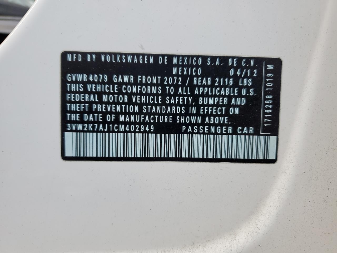 2012 Volkswagen Jetta Base VIN: 3VW2K7AJ1CM402949 Lot: 41825755