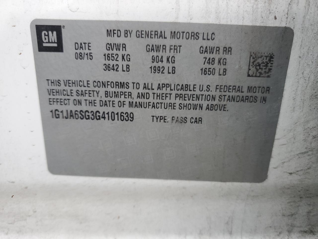 1G1JA6SG3G4101639 CHEVROLET SONIC 2016
