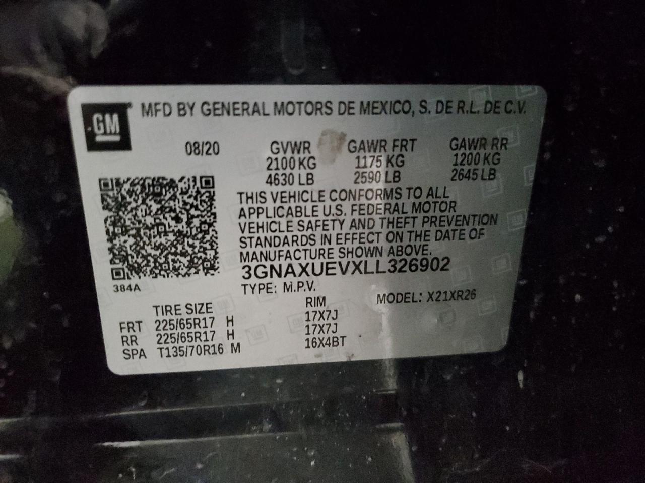 3GNAXUEVXLL326902 CHEVROLET EQUINOX 2020
