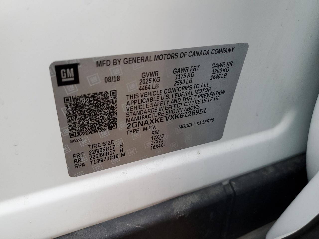 2GNAXKEVXK6126951 CHEVROLET EQUINOX 2019