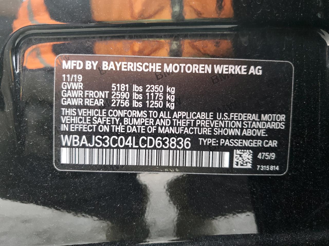 2020 BMW 540 Xi VIN: WBAJS3C04LCD63836 Lot: 84443904