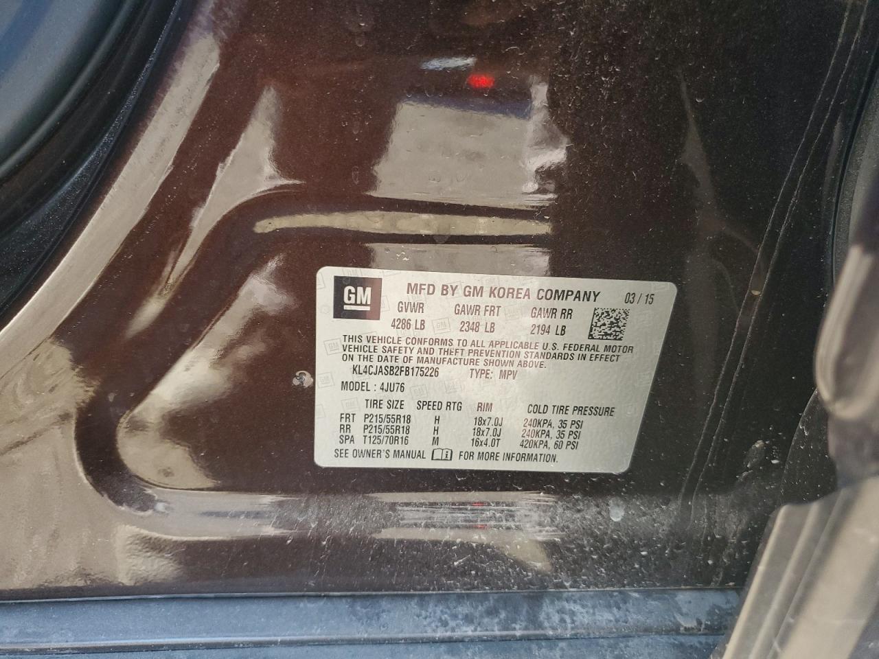 2015 Buick Encore VIN: KL4CJASB2FB175226 Lot: 42262215