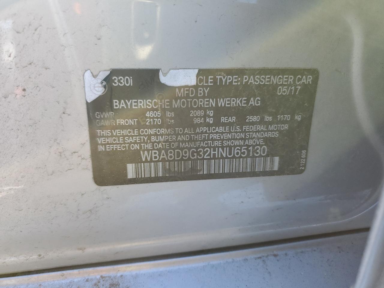 2017 BMW 330 Xi VIN: WBA8D9G32HNU65130 Lot: 88874175