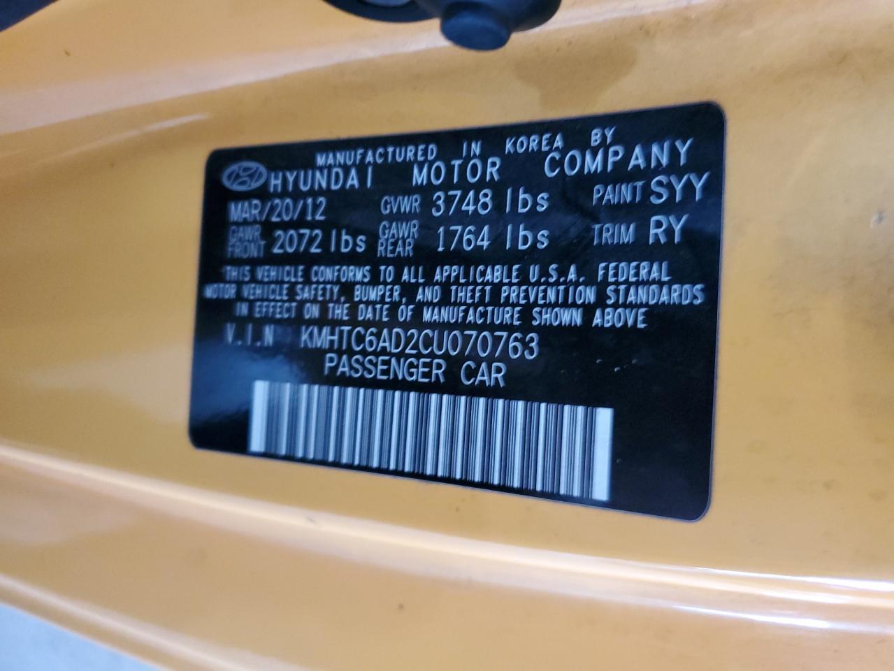 2012 Hyundai Veloster VIN: KMHTC6AD2CU070763 Lot: 86848324